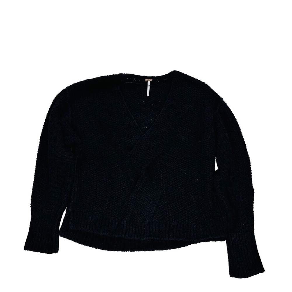 Free People Anthropologie Chunky Knit‎ Sweater Top Black Cropped V-neck Medium
